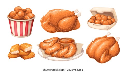 Deep fried cartoon chicken set. Golden whole bird, bucket and open cardboard box full of pieces with crispy crust, nuggets plate. Takeaway fast food mascot, cartoon chicken snacks vector illustration