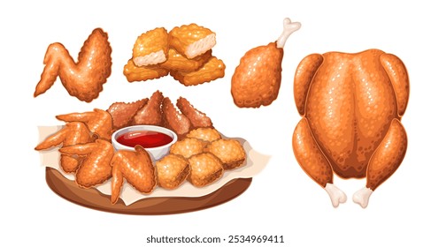 Conjunto de pollo de dibujos animados fritos. Vista superior de pájaro entero, palo de tambor y ala, tablero de madera con pepitas crujientes y salsa de ketchup. Mascota de comida rápida, Ilustración vectorial de comidas de pollo picante de dibujos animados