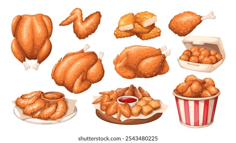 Deep fried cartoon chicken set. Spicy drumsticks and wings, nuggets and cutlets, whole bird ready to eat. Fast food restaurant menu mascot, cartoon chicken dish collection vector illustration