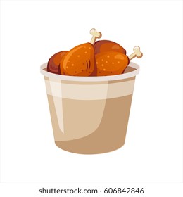 Deep Fried Chicken Legs Paper Bucket, Street Fast Food Cafe Menu Item Colorful Vector Icon