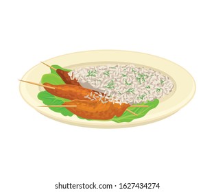 Deep Fried Meat on Sticks with Rice Served on Plate with Greenery Vector Illustration