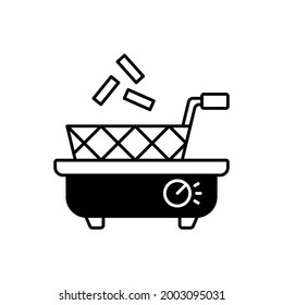 Icono lineal negro de freidor profundo. Preparando patatas fritas. Cocinando comida chatarra. Utensil eléctrico doméstico. Pequeño electrodoméstico. Símbolo de contorno en el espacio blanco. Ilustración aislada del vector