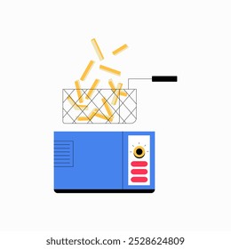 Deep fryer with fries in flat vector illustration symbolizing fast food, cooking process, and fried snacks, isolated on white background.