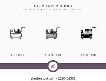 Deep fryer icons set vector illustration with solid icon line style. Potato basket concept. Editable stroke icon on isolated background for web design, user interface, and mobile application