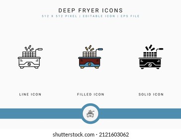 Deep fryer icons set vector illustration with solid icon line style. Potato basket concept. Editable stroke icon on isolated background for web design, user interface, and mobile application