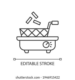 Deep fryer linear icon. French fries. Household electric utensil. Small kitchen appliance. Thin line customizable illustration. Contour symbol. Vector isolated outline drawing. Editable stroke