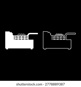 Deep fryer with mesh basket handle and french frie kitchen appliance for fast food concept roast product in hot oil Air fryer set icon white color vector illustration image simple solid fill outline