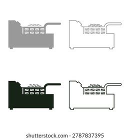 Deep fryer with mesh basket handle and french frie kitchen appliance for fast food concept roast product in hot oil Air fryer set icon grey black color vector illustration image simple solid fill