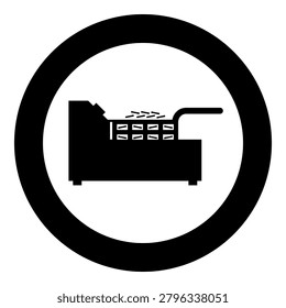 Deep fryer with mesh basket handle and french frie kitchen appliance for fast food concept roast product in hot oil Air fryer icon in circle round black color vector illustration image solid outline