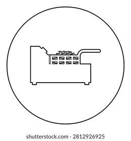 Deep fryer with mesh basket handle and french frie kitchen appliance for fast food concept roast product in hot oil Air fryer icon in circle round black color vector illustration image outline