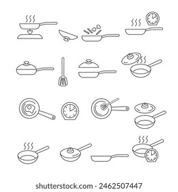 Deep frying pan. Set of vector icons. Kitchen. Cook food.