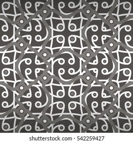 Deep gray geometric seamless pattern in tribal style. Vector background. Complex puzzle repeatable backdrop.