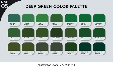 Deep Green Color Guide Palette with Color Names. Catalog Samples Green with RGB HEX codes and Names. Metal Colors Palette Vector, Wood and Plastic Green Color Palette, Fashion Trend Green 