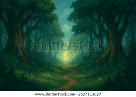 Deep green enchanted forest path leading into the mist, illuminated by ambient light. Ideal for RPG fantasy 2D game environments.