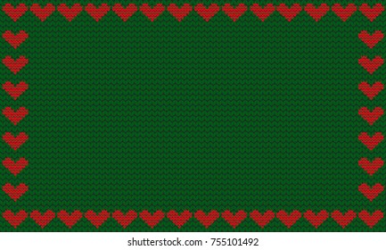 Deep green fabric knitted background framed with knit red hearts. Vector illustration, template, poster with space for text. Valentine, Christmas or New Year colored fabric background.