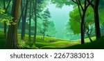 Deep green forest with lush pants, grass and trees.