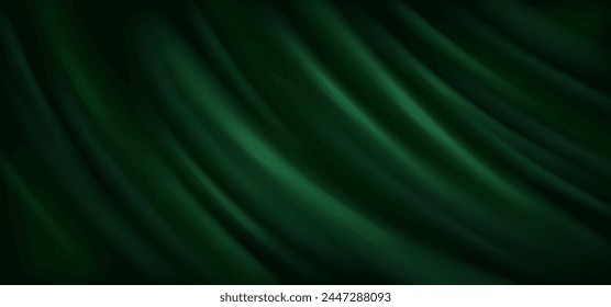 Deep green rippled fabric material realistic vector background. Award ceremony concept design. Luxury emerald cloth backdrop illustration