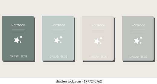 deep green, soft green, beige and grey notebook with white inscriptions, white stars, in beige background.
