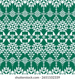 Deep green and white tribal pixel pattern inspired by Christmas trees and folk art. Ideal for holiday themes, fabric designs, and festive backgrounds.