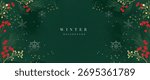 Deep green winter vector background with holly, mistletoe and delicate ornaments, classy festive frame for invitations and stationery