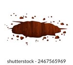 Deep hole in the ground with grass and stones. Brown soil, large cracks and ruins. Digging of sand coal waste rock. Detailed drawing in cartoon style. Vector illustration isolated on white background.