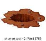 Deep hole in the ground with grass and stones. Brown soil, large cracks and ruins. Digging of sand coal waste rock. Detailed drawing in cartoon style. Vector illustration isolated on white background.