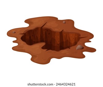 Deep hole in the ground with grass and stones. Brown soil, large cracks and ruins. Digging of sand coal waste rock. Detailed drawing in cartoon style. Vector illustration isolated on white background.