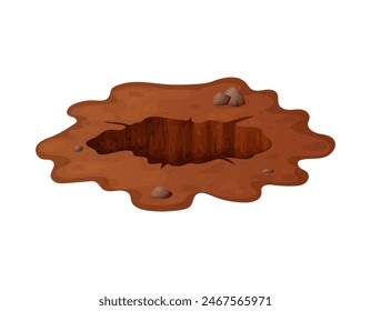 Deep hole in the ground with grass and stones. Brown soil, large cracks and ruins. Digging of sand coal waste rock. Detailed drawing in cartoon style. Vector illustration isolated on white background.