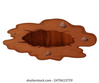 Deep hole in the ground with grass and stones. Brown soil, large cracks and ruins. Digging of sand coal waste rock. Detailed drawing in cartoon style. Vector illustration isolated on white background.