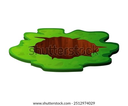 Deep hole in the ground with grass and stones. Brown soil, large cracks and ruins. Digging of sand coal waste rock. Detailed drawing in cartoon style. Vector illustration isolated on white background.