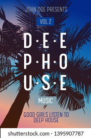 Deep house music concert flyer, brochure concept. Summer beach party advertising. Club invitation template with typography. Palm tree silhouette vector illustration. Holiday entertainment promotion