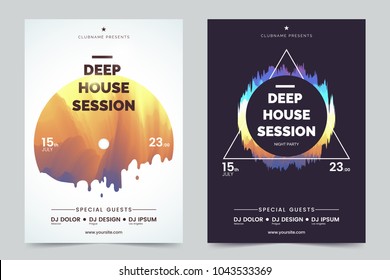 Deep house party a4 invitation concept. Night club party modern flyers. Black and white background with abstract geometric colorful shapes. Concept of the music poster. Vector eps 10.