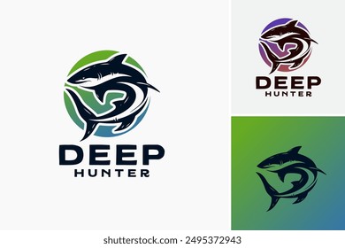 Deep Hunter Shark Logo: Letter D integrates with a hunting shark, symbolizing depth and tenacity, suitable for marine exploration or adventure brands. Layered EPS Vector