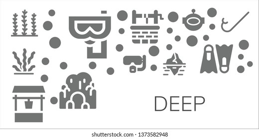 deep icon set. 11 filled deep icons.  Collection Of - Seaweed, Snorkel, Dive, Water well, Iceberg, Cave, Aqualung