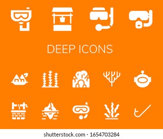 deep icon set. 14 filled deep icons.  Simple modern icons such as: Snorkel, Water well, Dive, Seaweed, Iceberg, Cave, Coral, Aqualung
