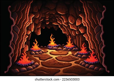 Deep Inferno Cave with Campfire Lighting Illuminate the Area in Vector