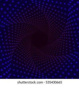 Deep infinite hexagon twisted tunnel of glowing dots. Dark abstract points cyber technology background. Vector illustration