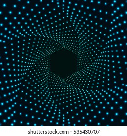 Deep infinite hexagon twisted tunnel of glowing dots. Dark abstract points cyber technology background. Vector illustration