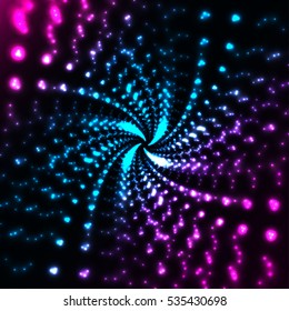 Deep infinite twisted fractal tunnel of glowing dots. Abstract points cyber technology background. Vector illustration