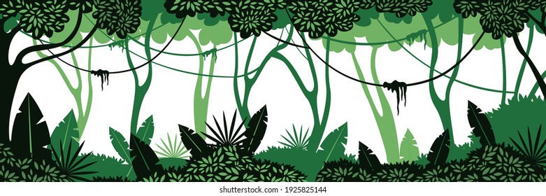 Deep jungle background. Green braided vines hanging from overgrown trees exotic shrubs with wide and small vector leaves.