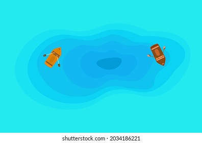 Vista en lo alto del lago. El nivel de la ola, el jacuzzi, el fondo marino, el océano, el reservorio de la altura del dron. Dos barcos en la superficie de agua clara, turquesa, ripio o mar de fondo. Ilustración del vector