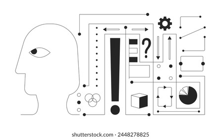 Deep learning AI black and white 2D illustration concept. Artificial intelligence algorithm cartoon outline object isolated on white. Decision make. Neural network data metaphor monochrome vector art