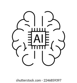 Deep learning AI linear icon. Neural network with cogwheels. Thin line illustration. Digital brain. Artificial intelligence symbol. Vector isolated. Cyber, humanoid and chat 