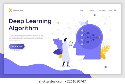 Deep Learning Algorithm landing page template. Artificial intelligence integration vector illustration for webpage design. Digital data mining and technological innovations. Web application creating