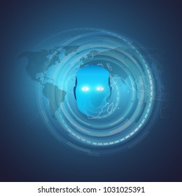 Deep Learning, Artificial Intelligence, Cloud Computing and Networks Design Concept - Global AI Center Digesting and Processing Information - Big Data, Global Control 