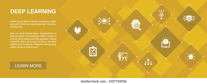 Deep learning banner 10 icons concept.algorithm, neural network, AI, Machine learning icons
