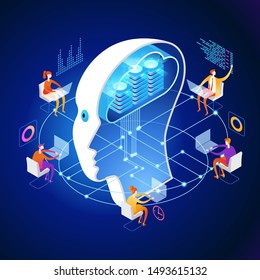 Deep learning. Big data AND artificial intelligence concept. People interact with artificial intelligence. 3d vector isometric illustration.