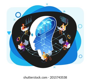 Deep learning. Big data AND artificial intelligence concept. People interact with artificial intelligence. 3d vector isometric illustration.