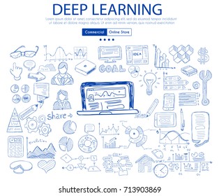 Concepto de aprendizaje profundo con estilo de diseño de Business Doodle: estudios en línea, mejores libros, recursos principales. Ilustración de estilo moderno para banners web, folletos y volantes.