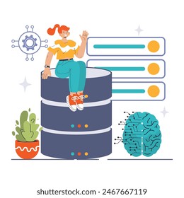 Deep Learning concept. A casual tech enthusiast sits atop a layered data structure, symbolizing complex AI algorithms. Flat vector illustration